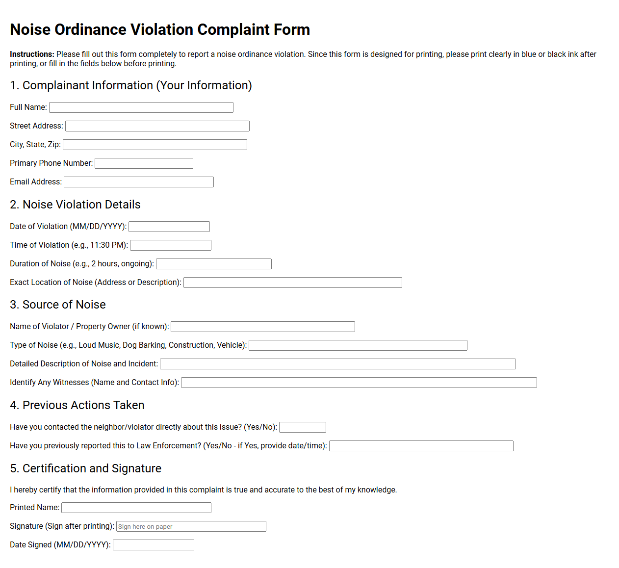 Noise Ordinance Violation Complaint Form Template