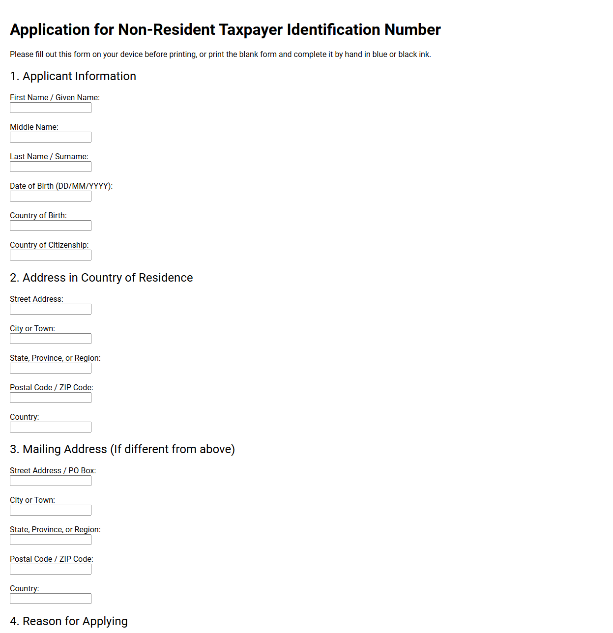 Non Resident Taxpayer Identification Number Application Form