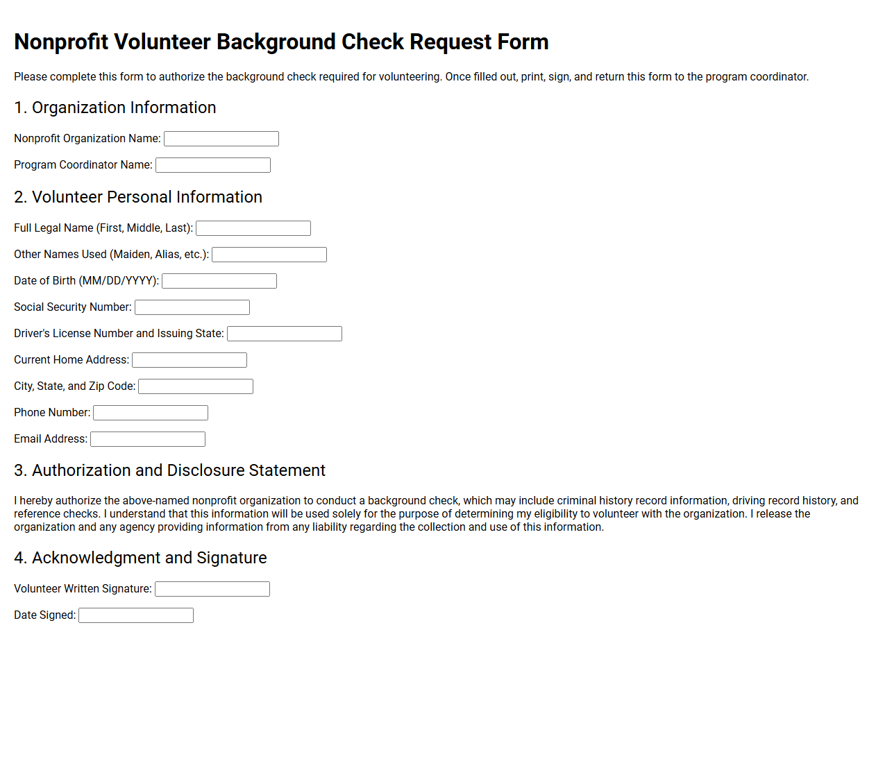Nonprofit Volunteer Background Check Request Form