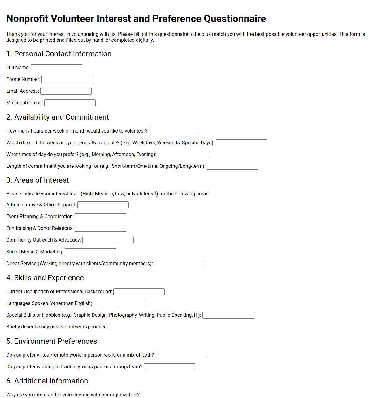 Nonprofit Volunteer Interest and Preference Questionnaire