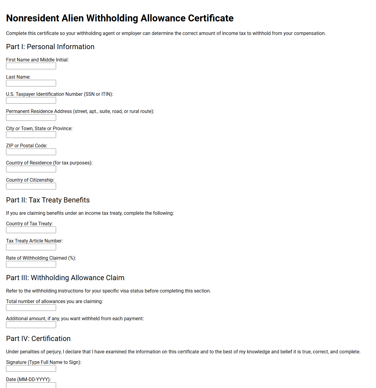 Nonresident Alien Withholding Allowance Certificate Form