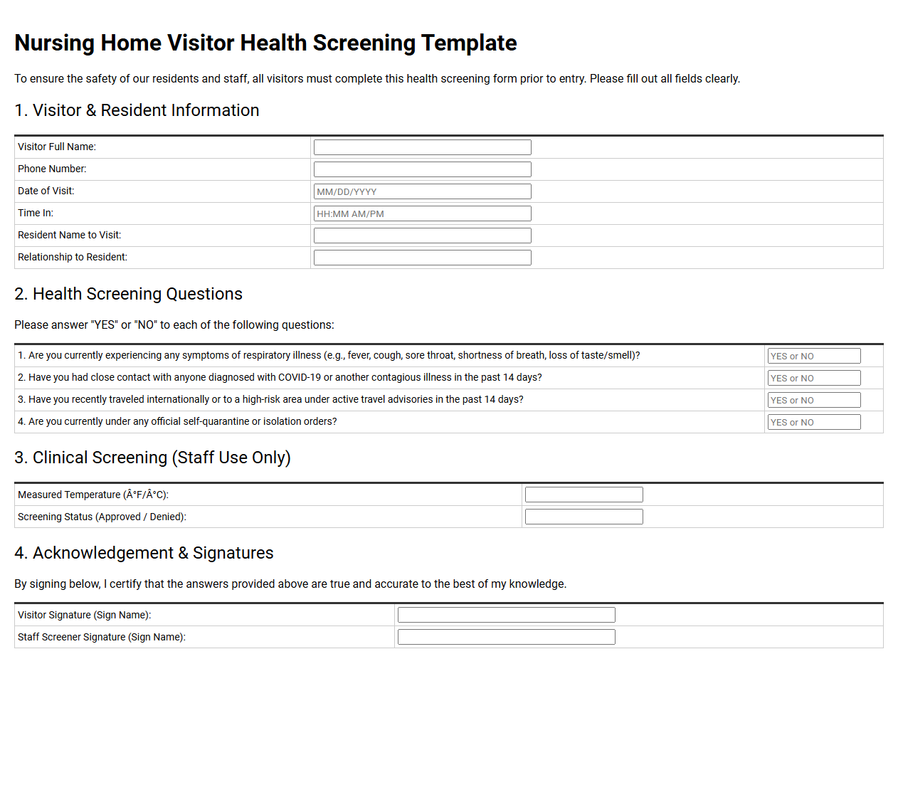 Nursing Home Visitor Health Screening Template