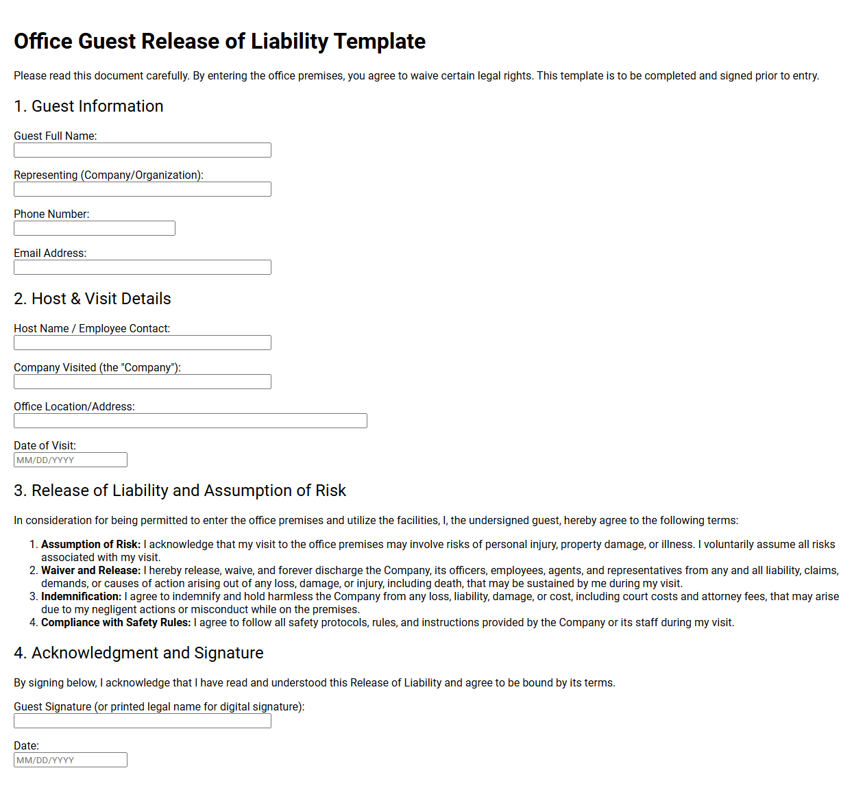 Office Guest Release of Liability Template