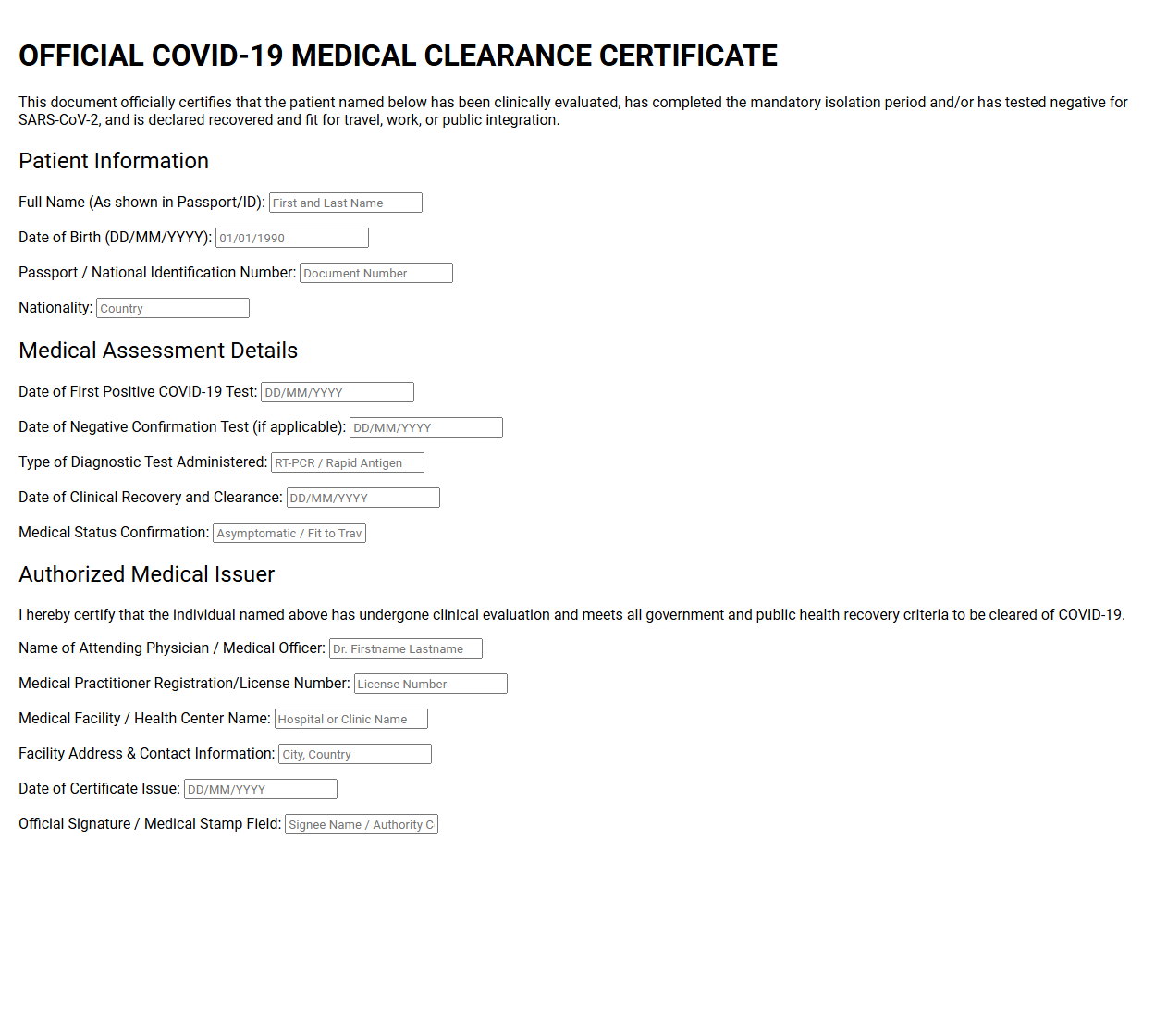 Official COVID-19 Medical Clearance Certificate