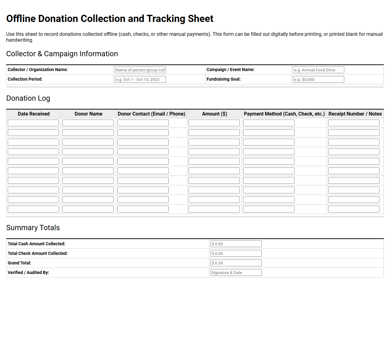 Offline Donation Collection and Tracking Sheet