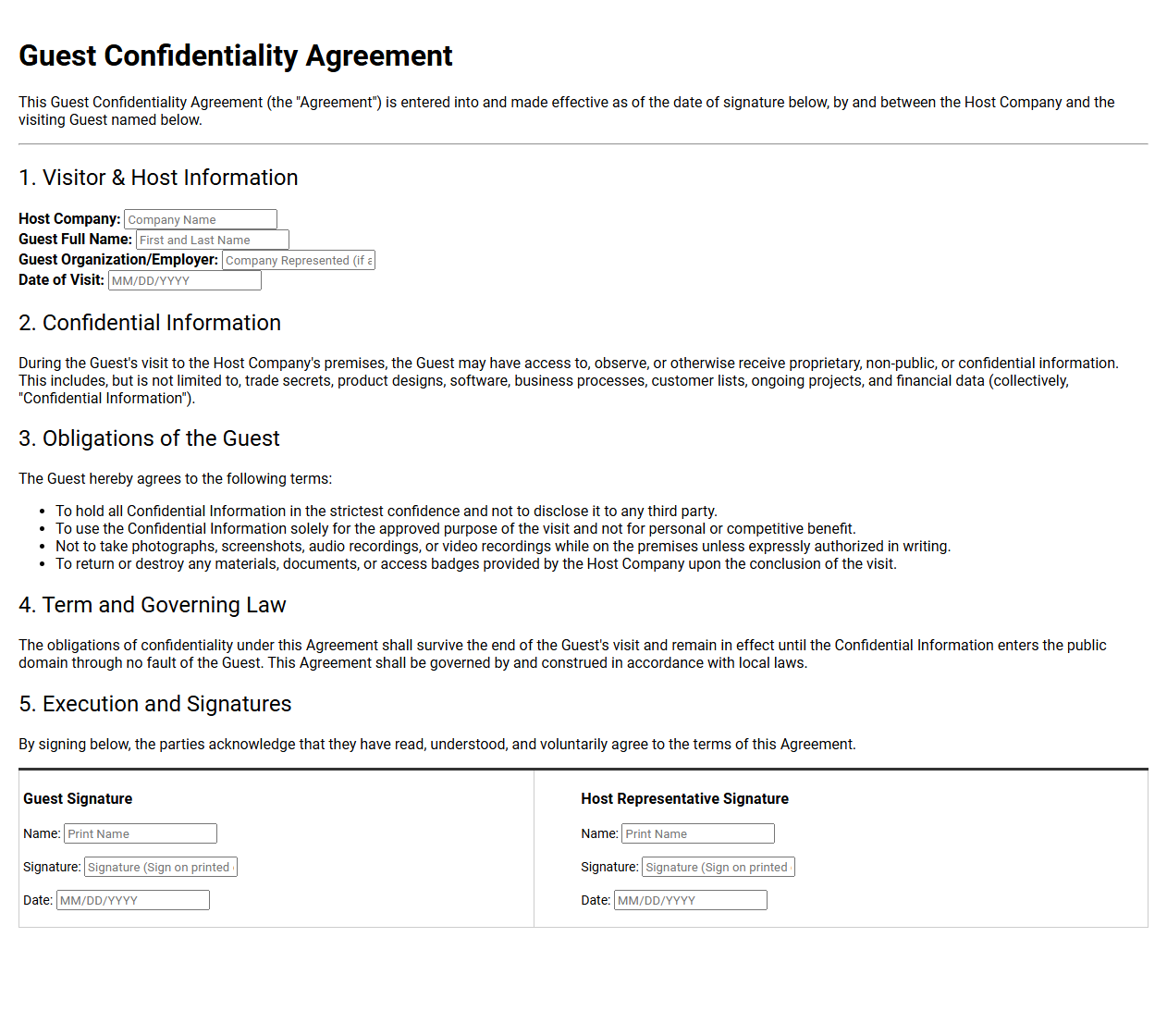 One Page Guest Confidentiality Agreement Template