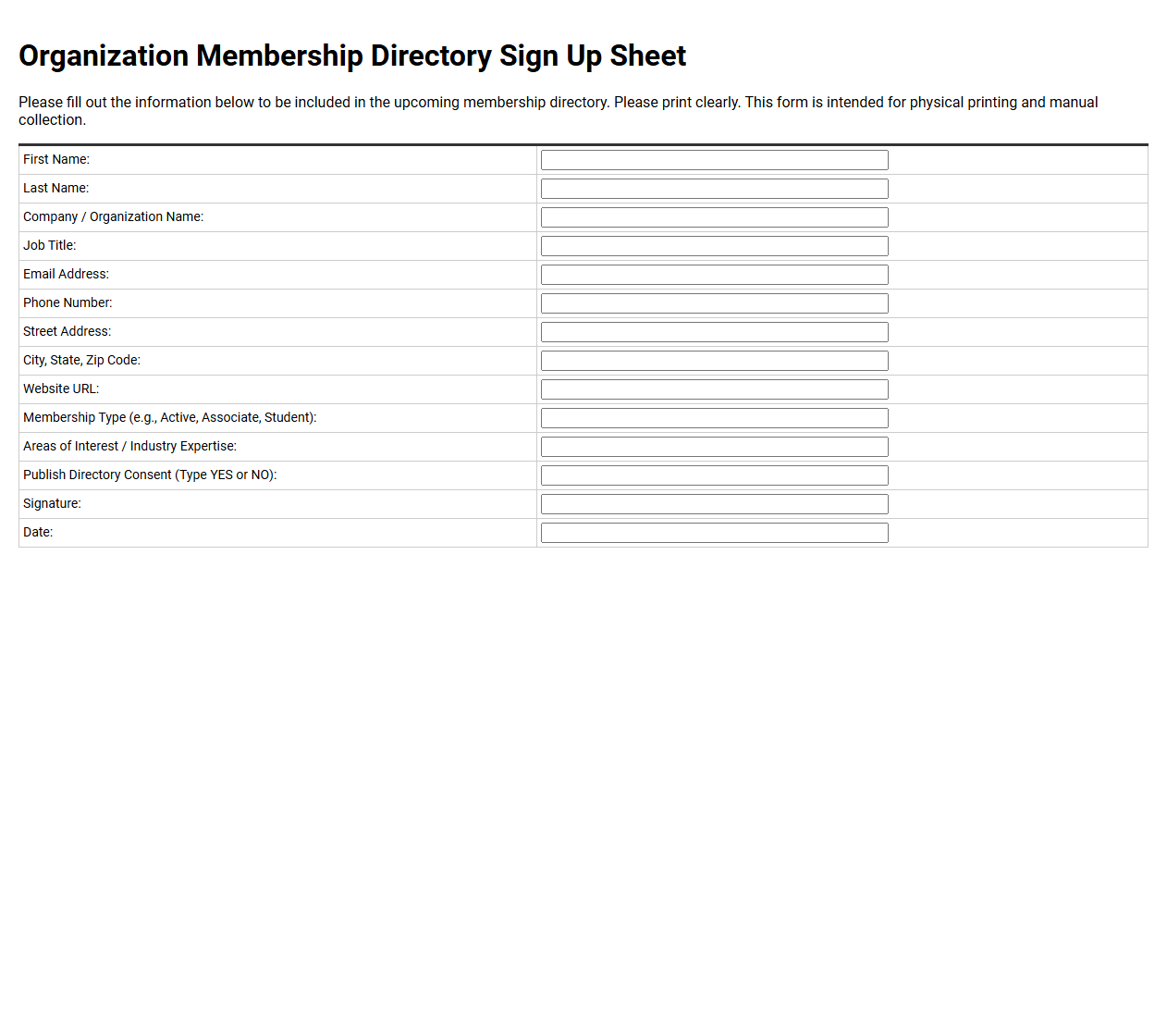 Organization Membership Directory Sign Up Sheet