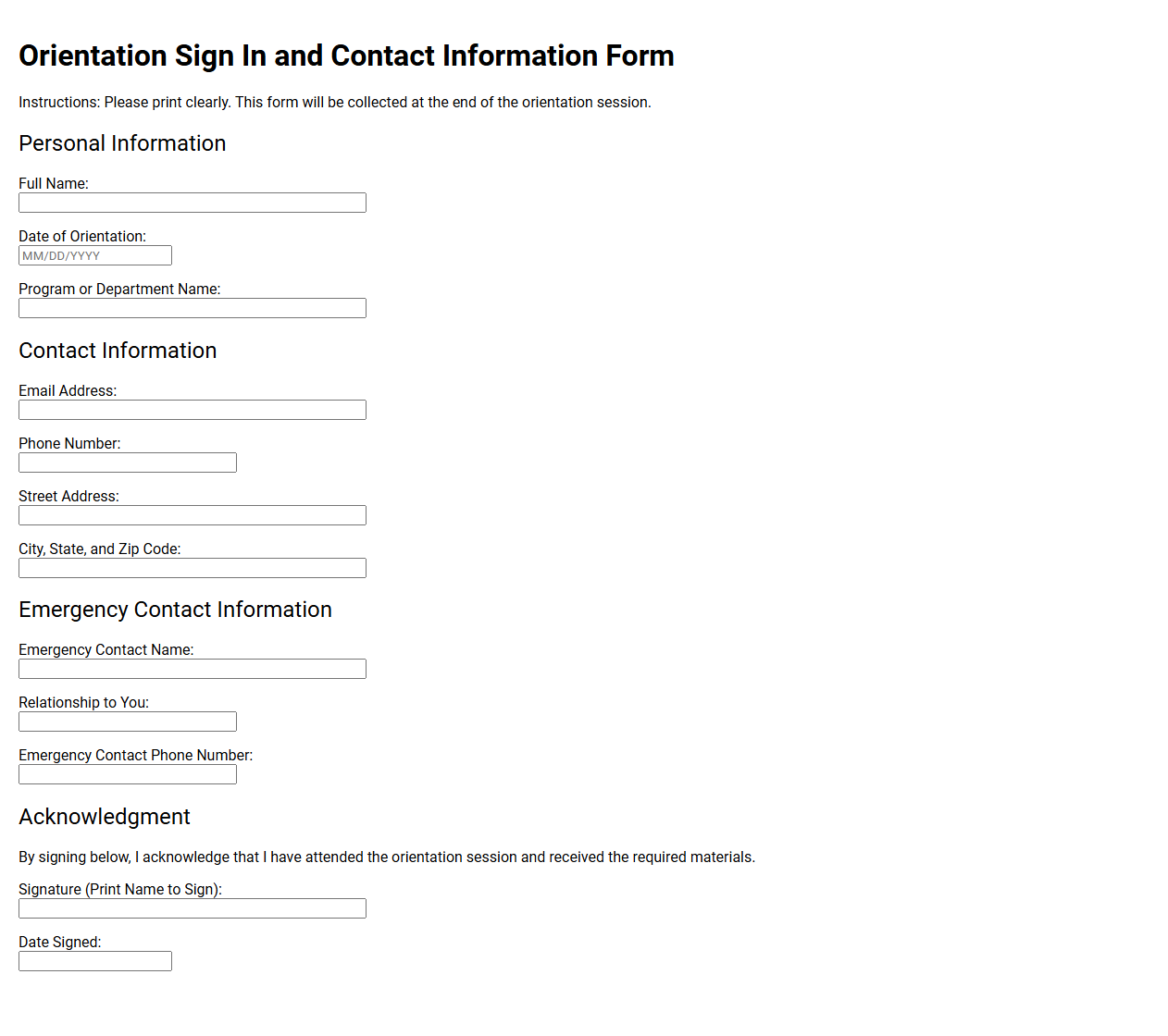Orientation Sign In and Contact Information Form