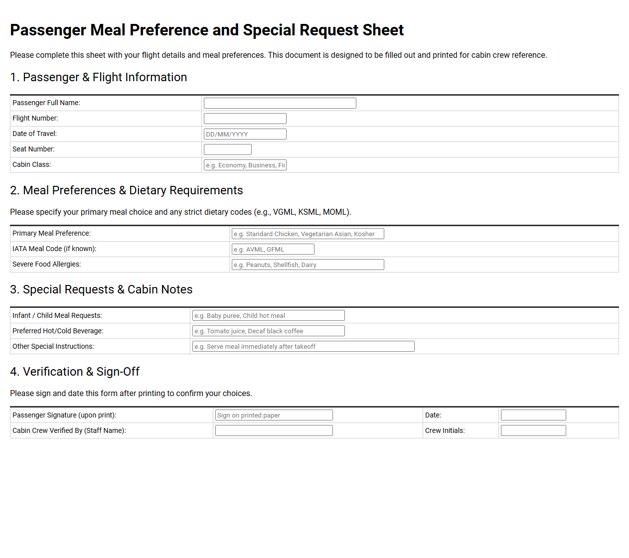 Passenger Meal Preference and Special Request Sheet