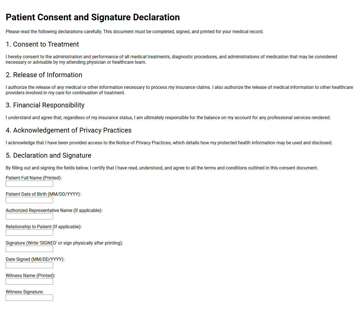 Patient Consent and Signature Declaration