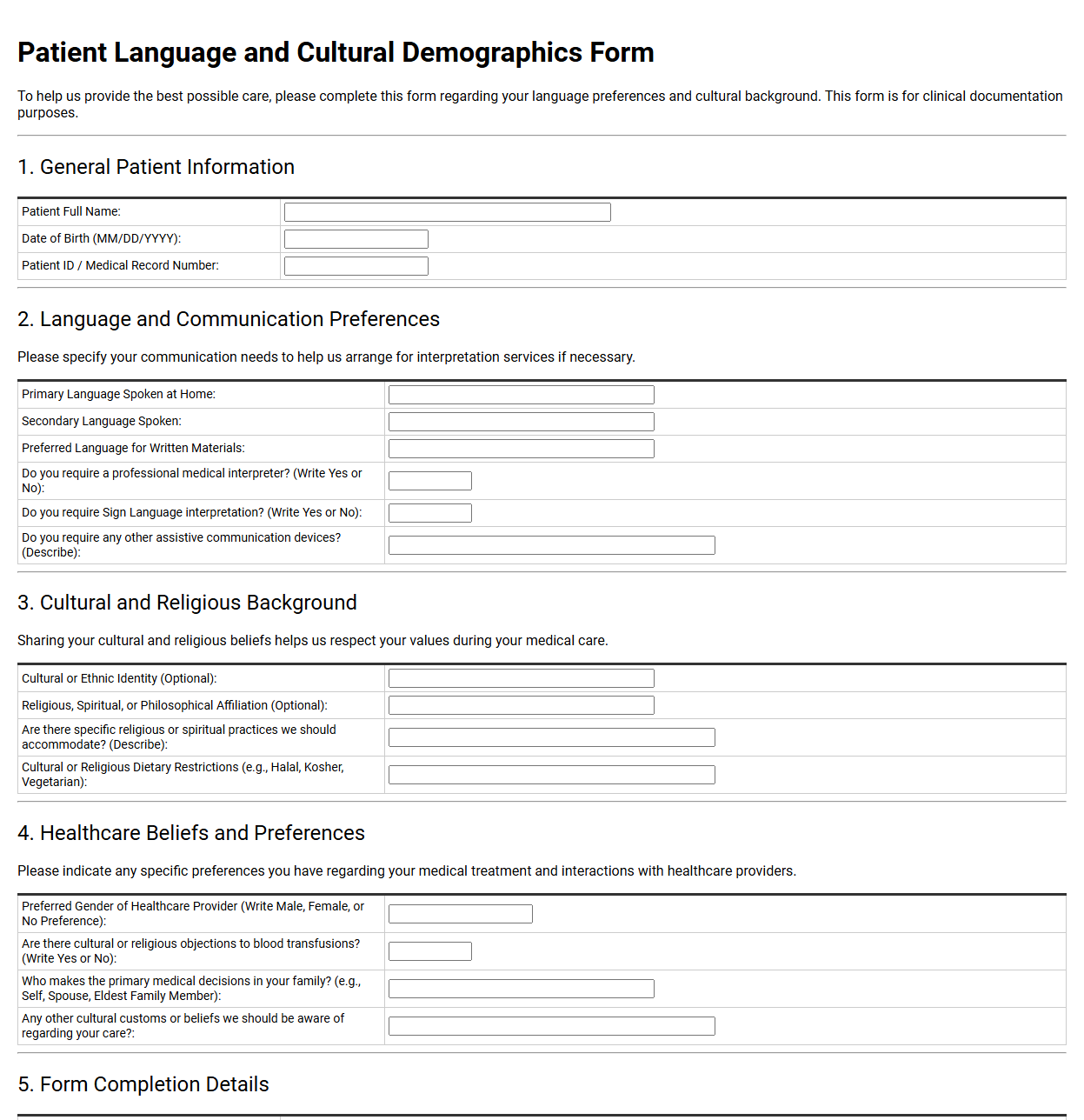 Patient Language and Cultural Demographics Form