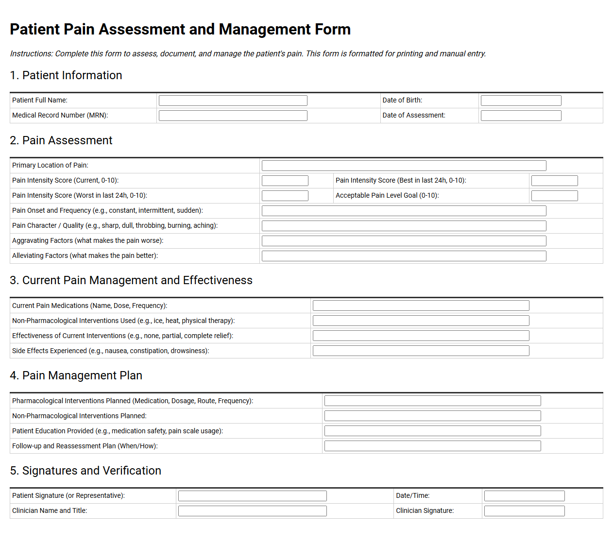 Patient Pain Assessment and Management Form