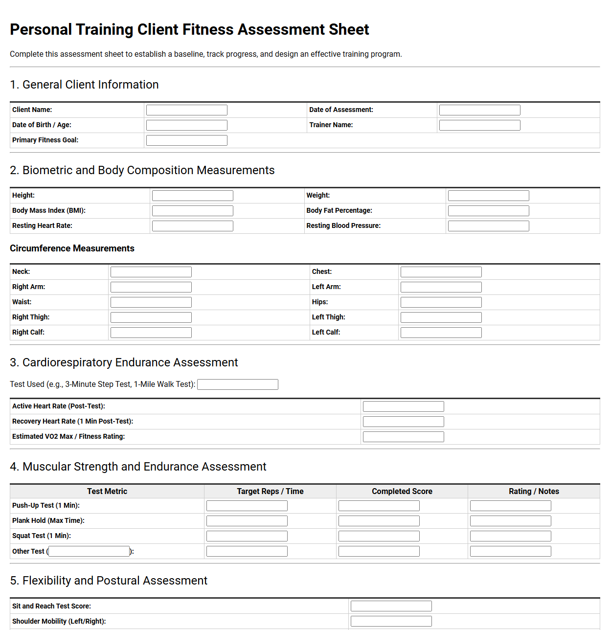 Personal Training Client Fitness Assessment Sheet