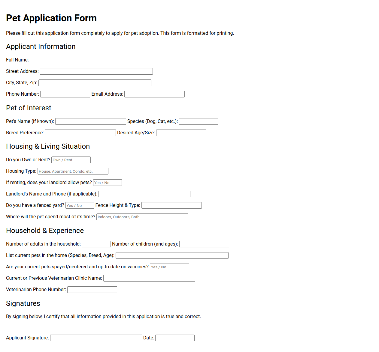 Pet Application Form