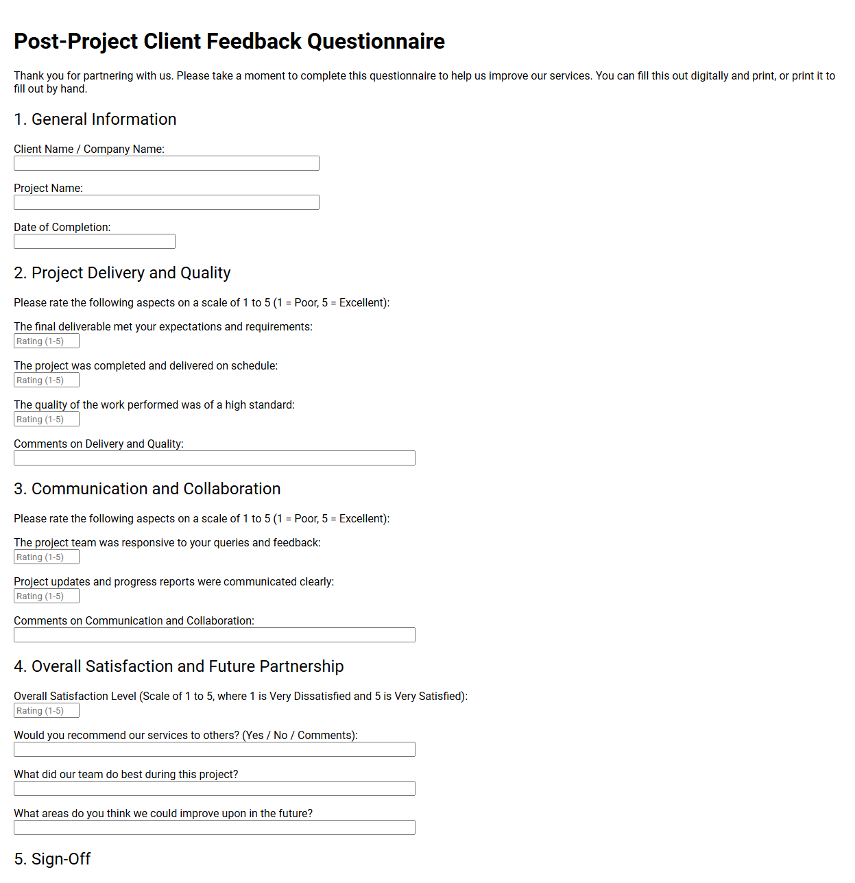 Post-Project Client Feedback Questionnaire