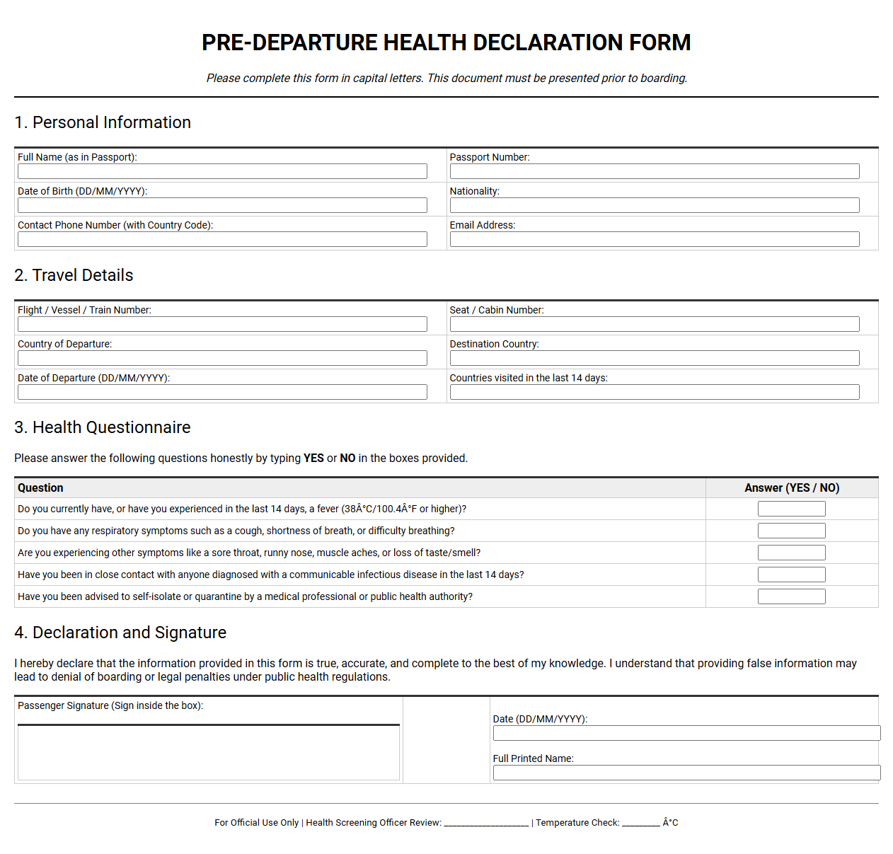 Pre Departure Health Declaration Form Printable