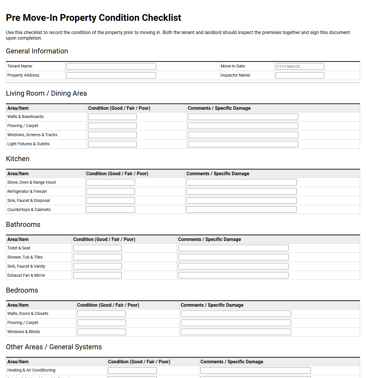 Pre Move In Property Condition Checklist