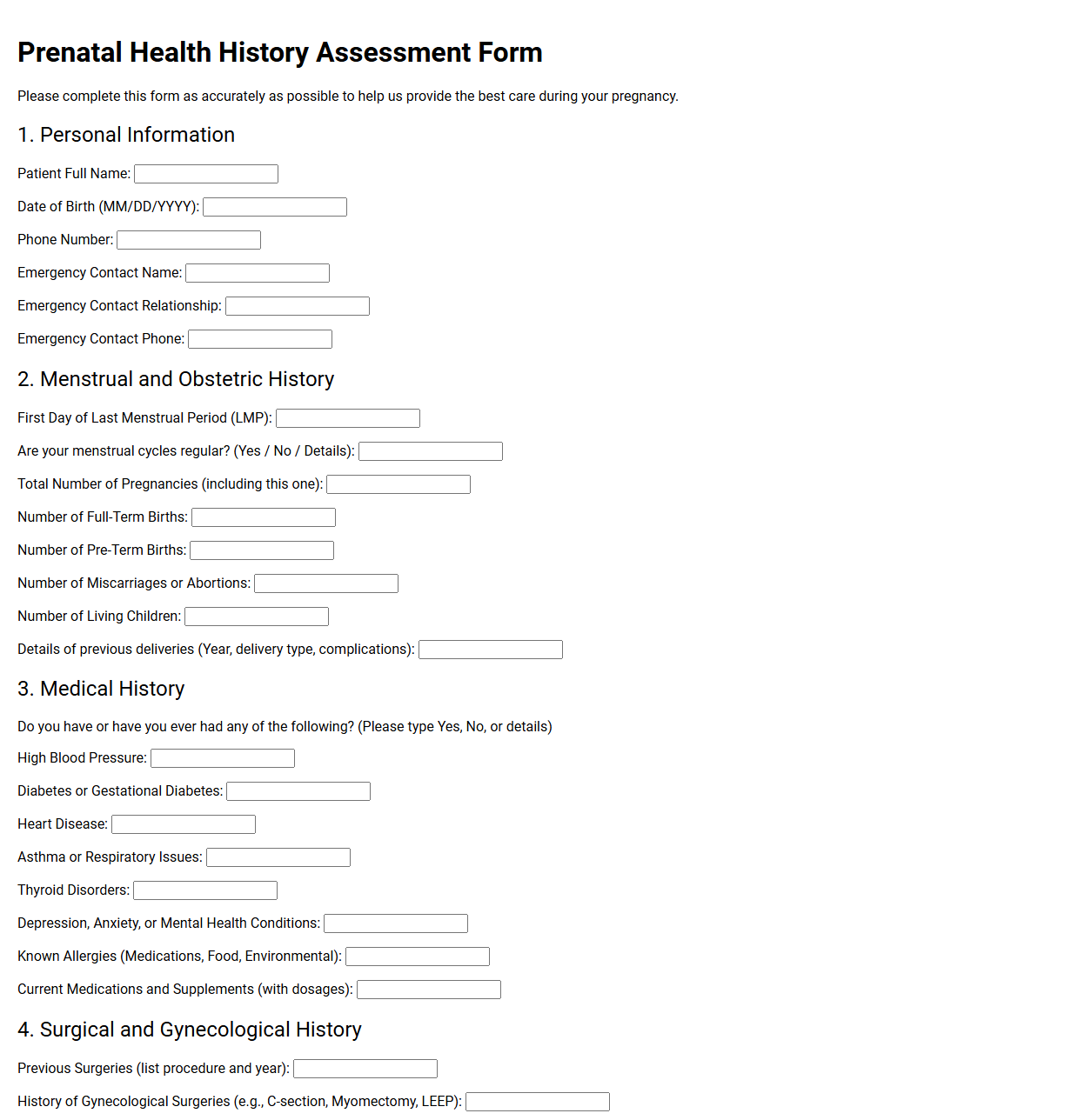 Prenatal Health History Assessment Form
