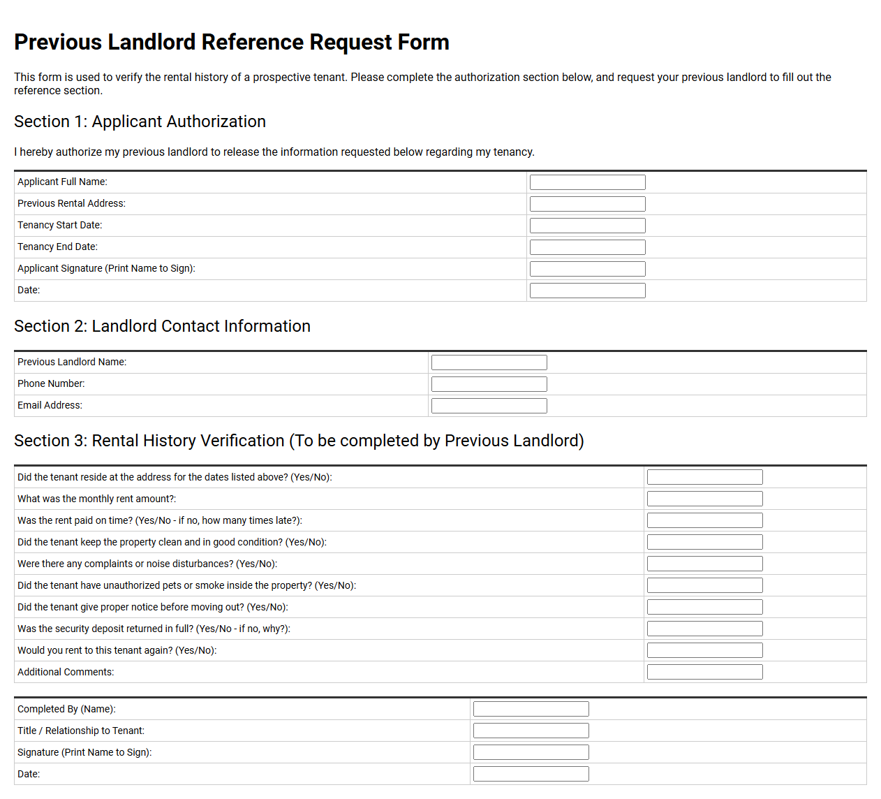 Previous Landlord Reference Request Form
