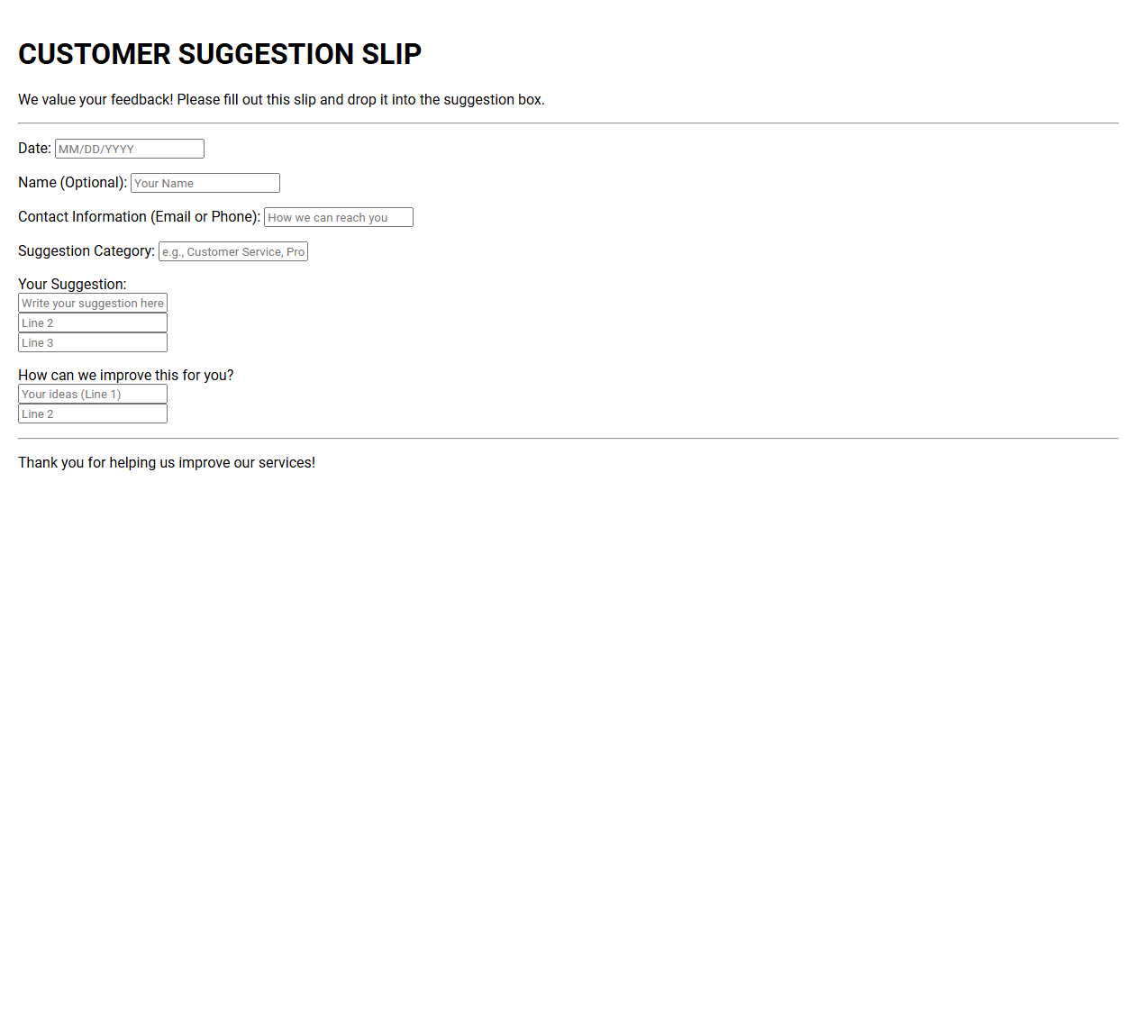 Printable Customer Suggestion Box Slip Template