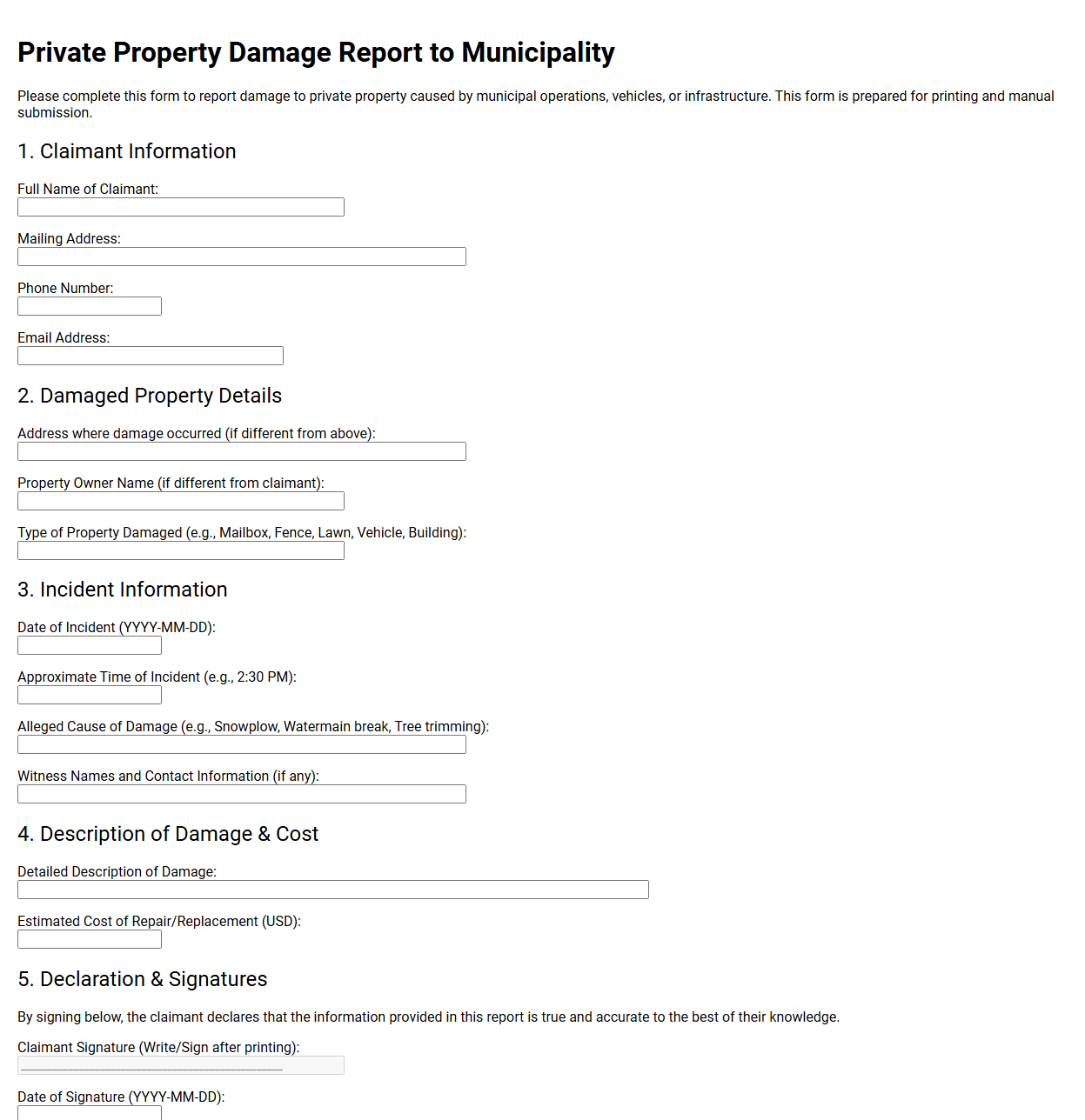 Private Property Damage Report to Municipality