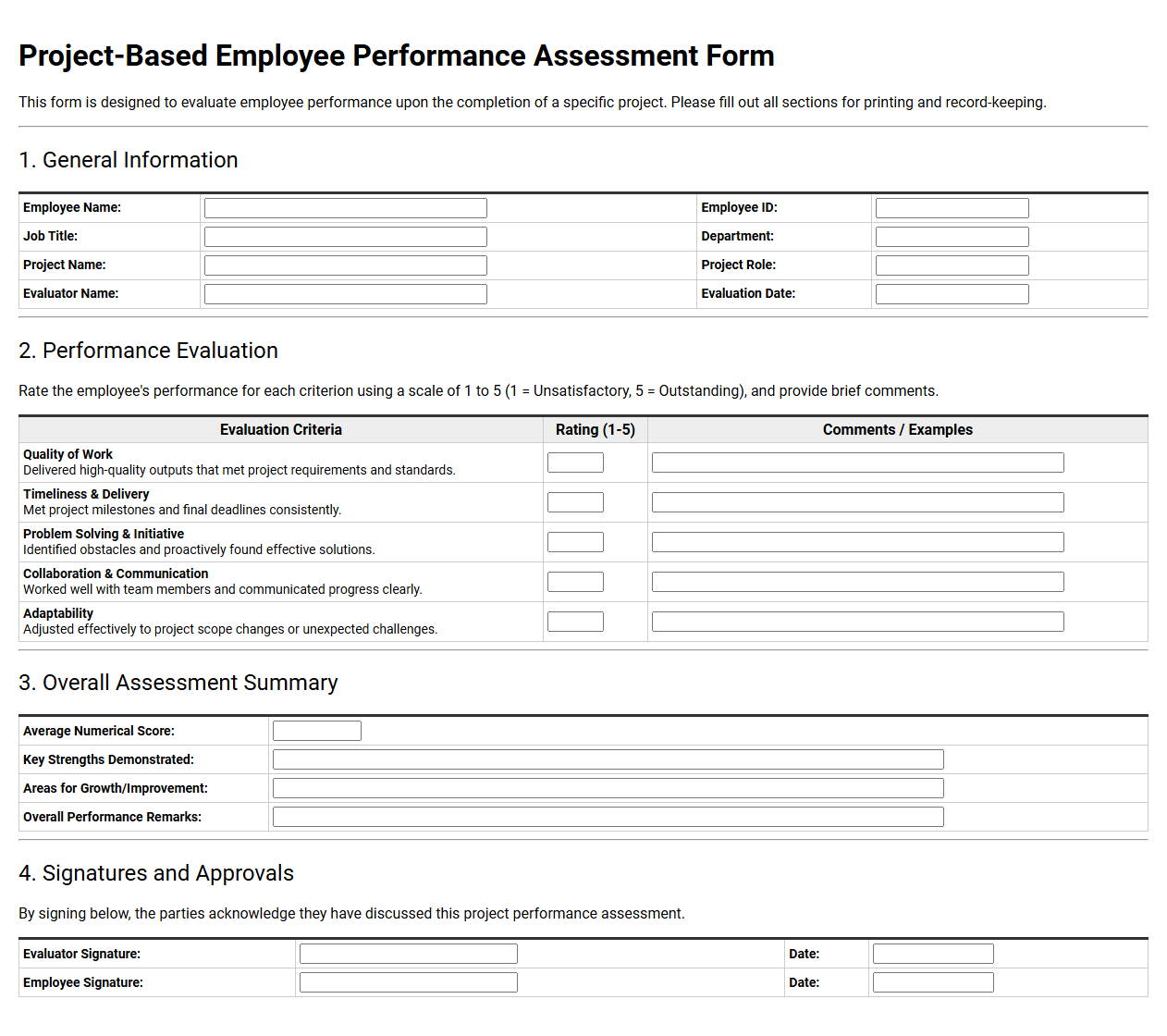 Project-Based Employee Performance Assessment Form