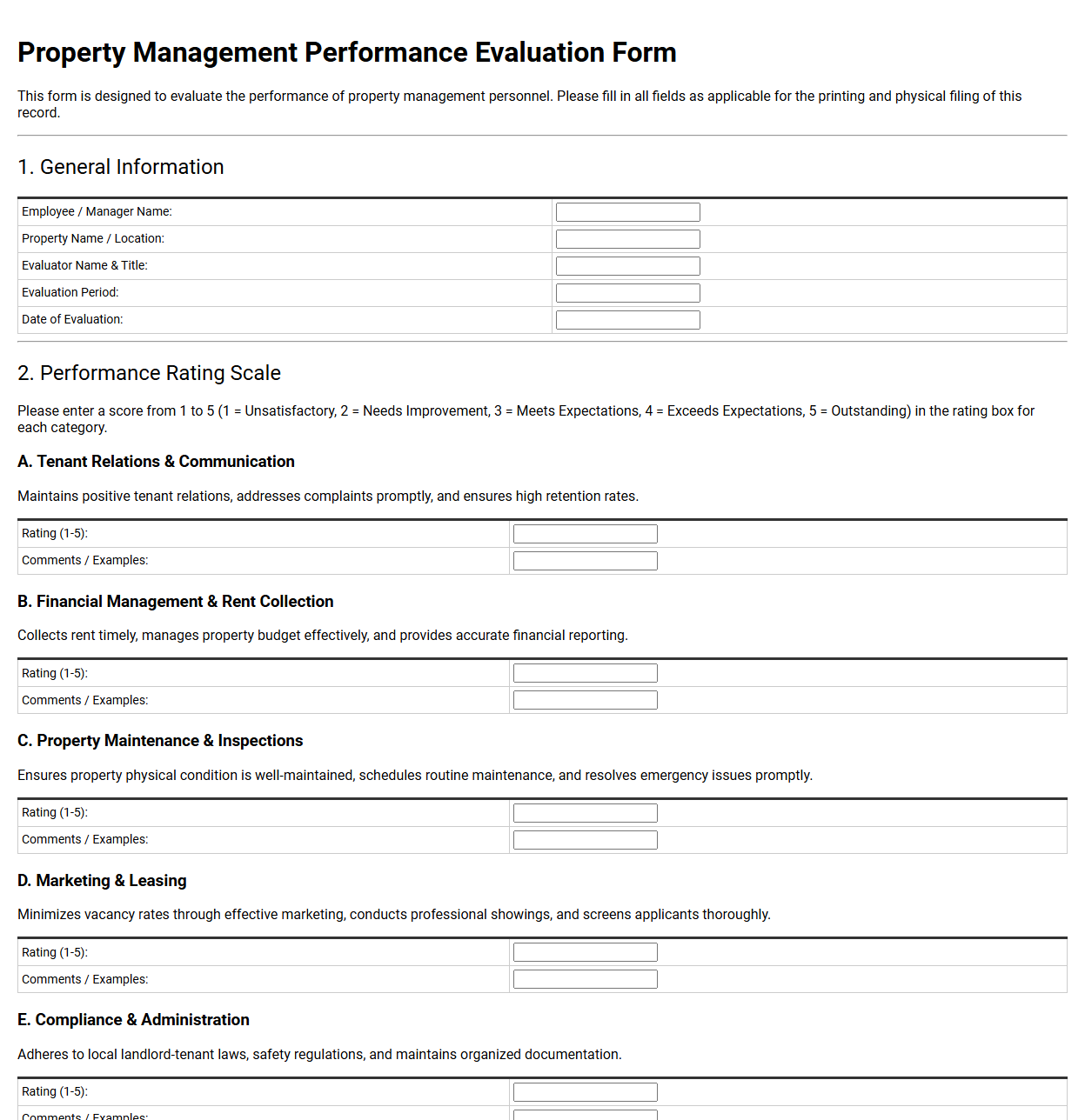 Property Management Performance Evaluation Form