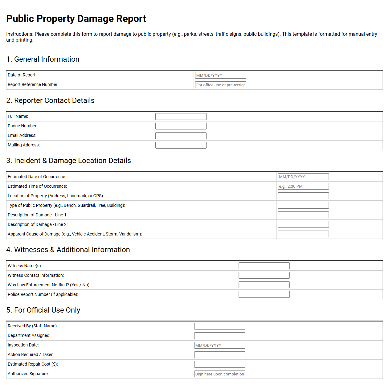 Public Property Damage Report Template