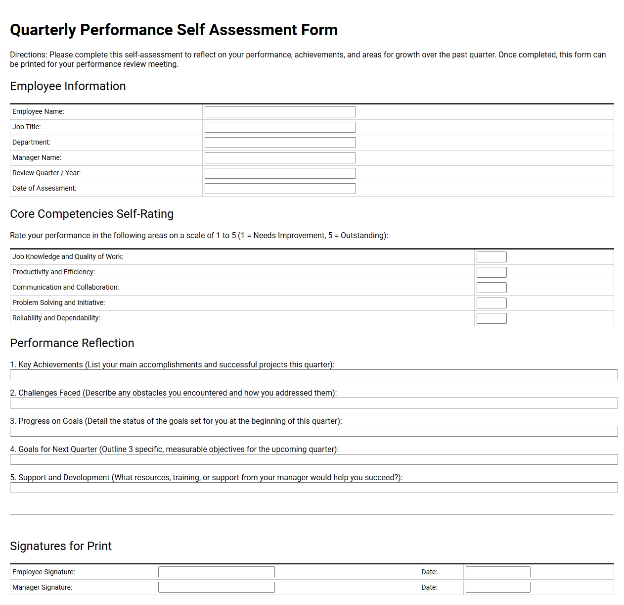 Quarterly Performance Self Assessment Form