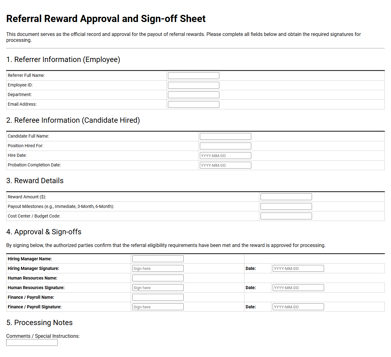 Referral Reward Approval and Sign-off Sheet