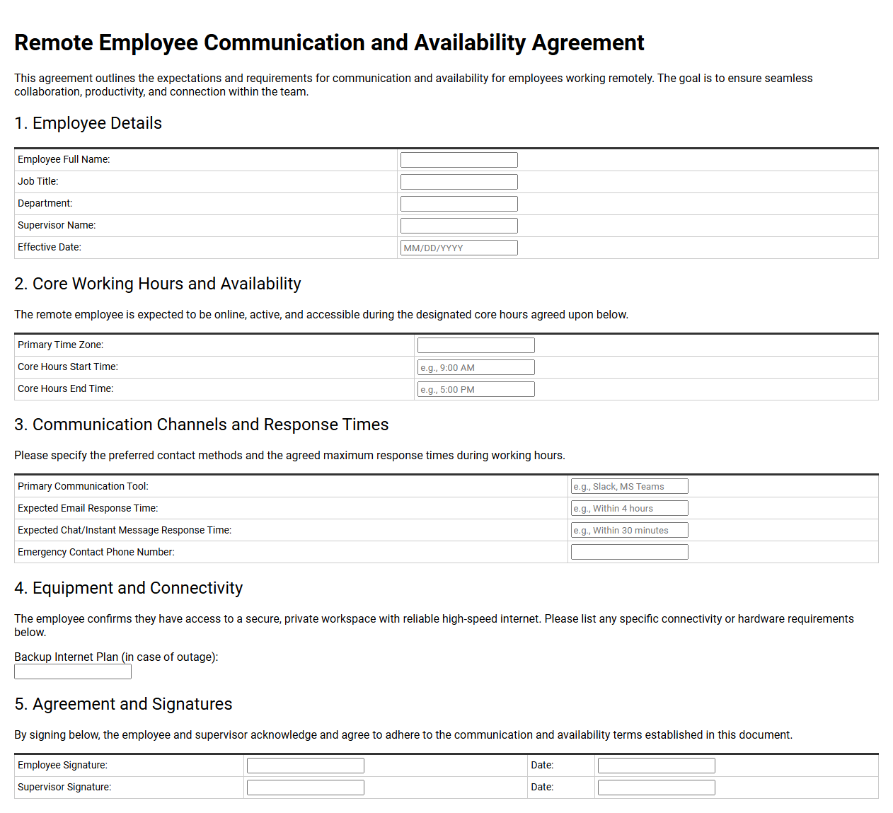 Remote Employee Communication and Availability Agreement