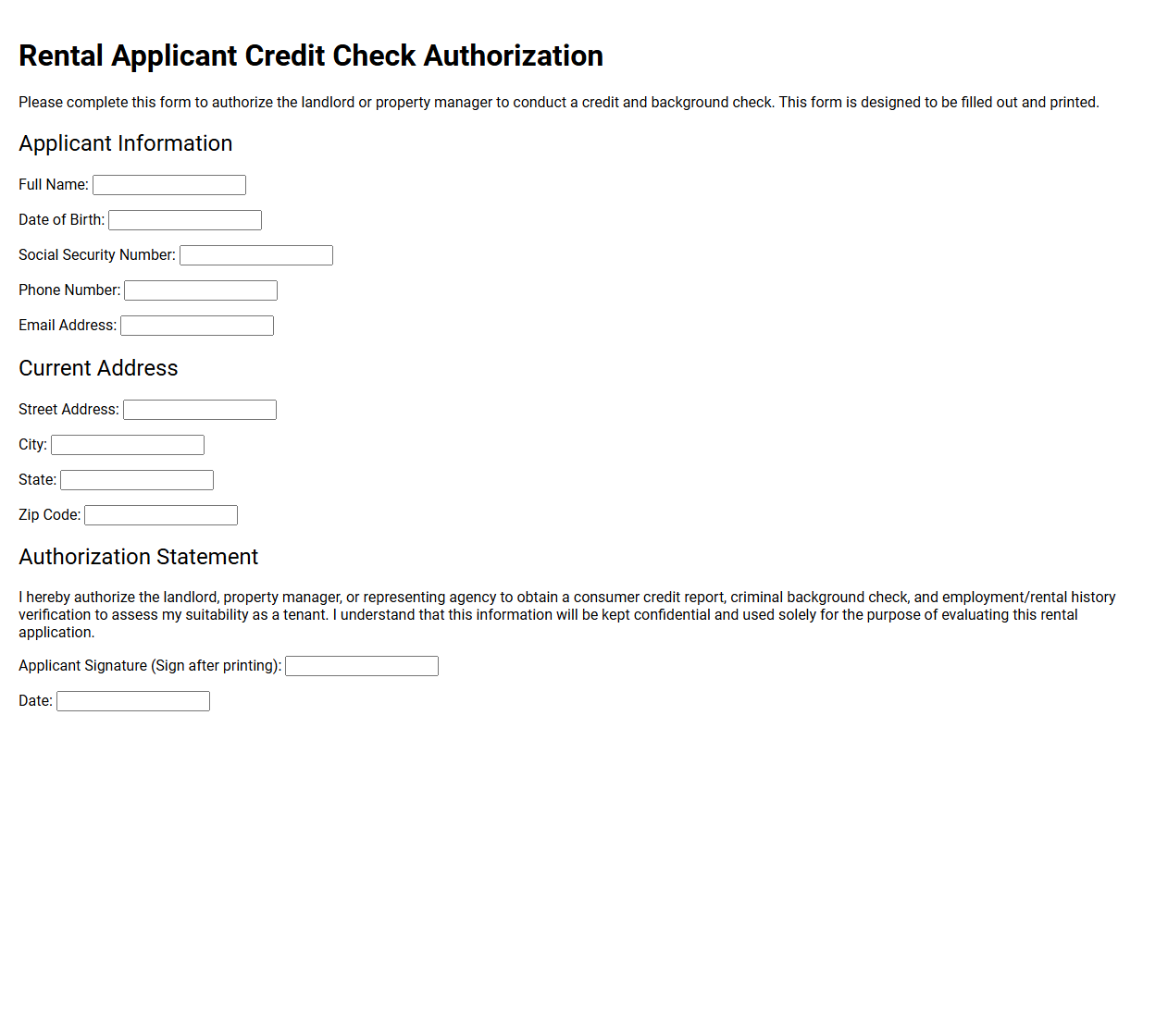 Rental Applicant Credit Check Authorization