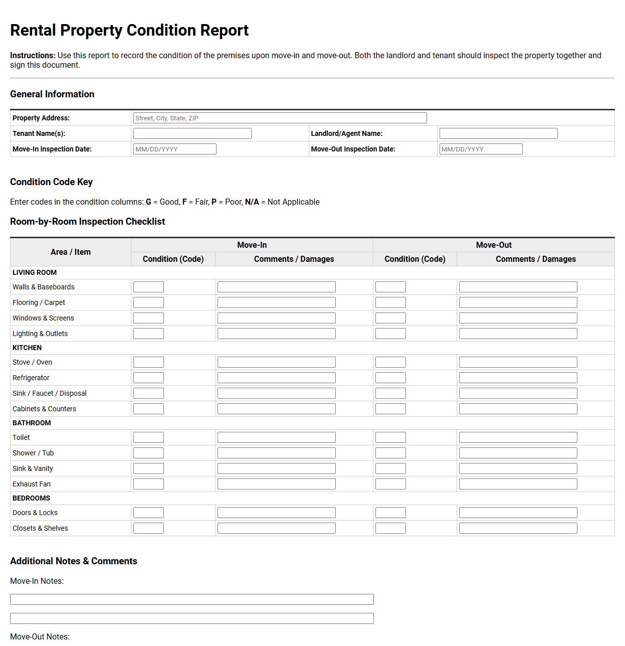 Rental Property Condition Report Template