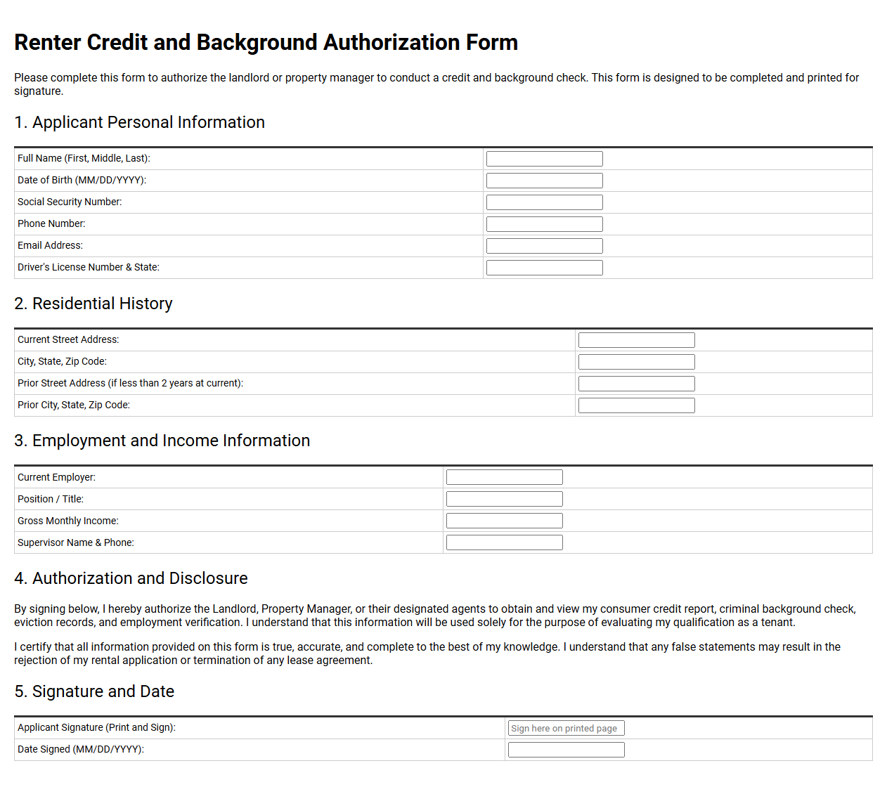 Renter Credit and Background Authorization Form