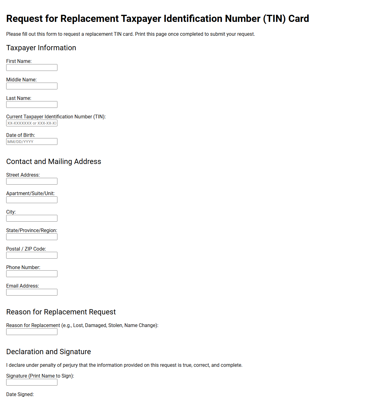 Request for Replacement Taxpayer Identification Number Card