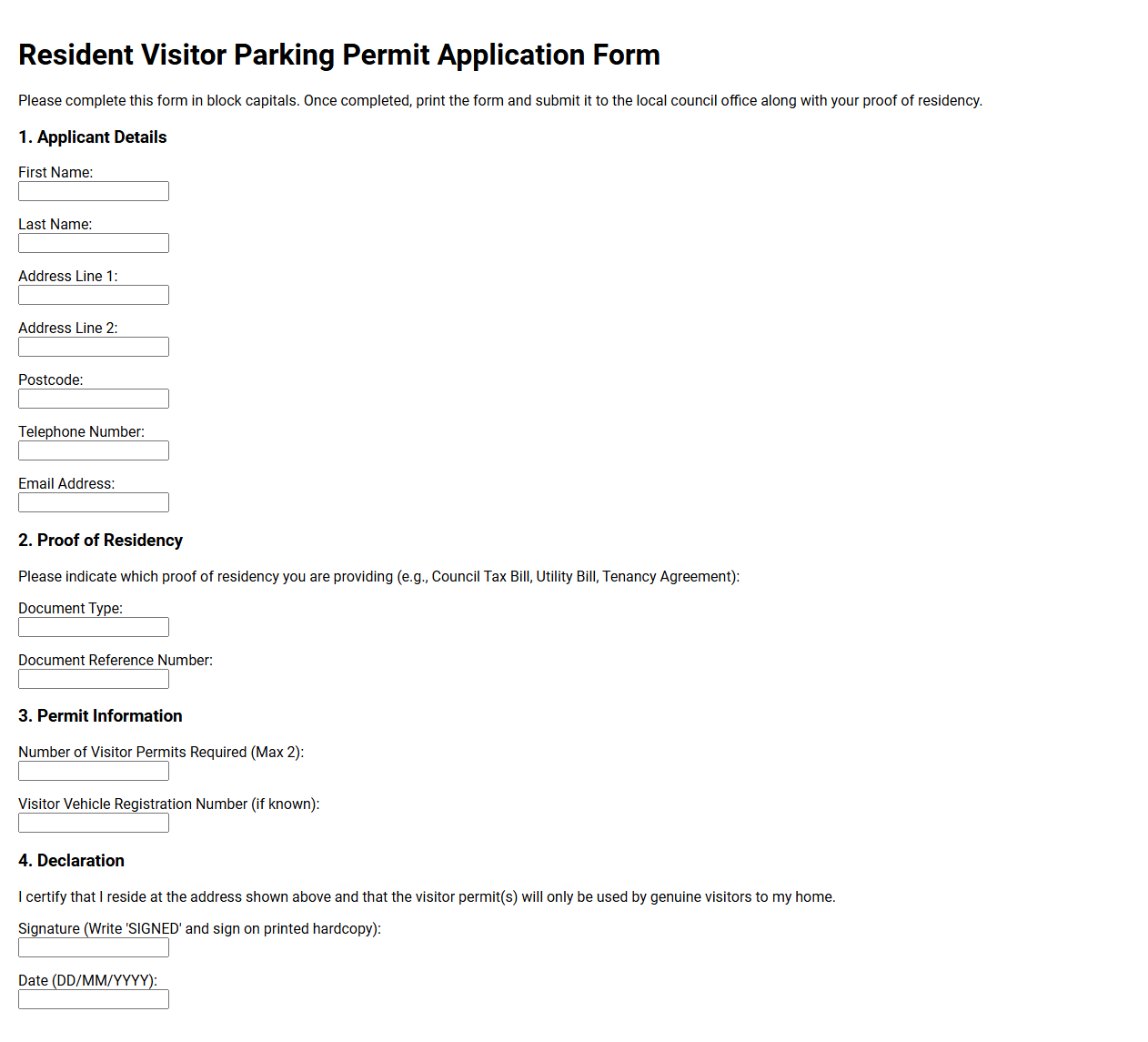 Resident Visitor Parking Permit Application Form