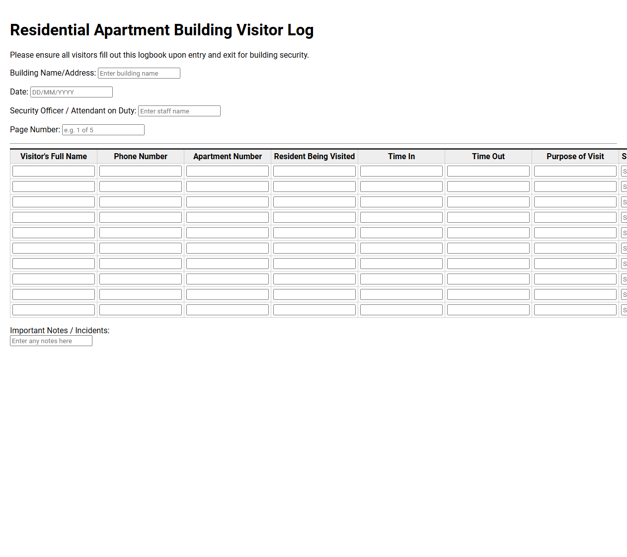 Residential Apartment Building Visitor Log Template