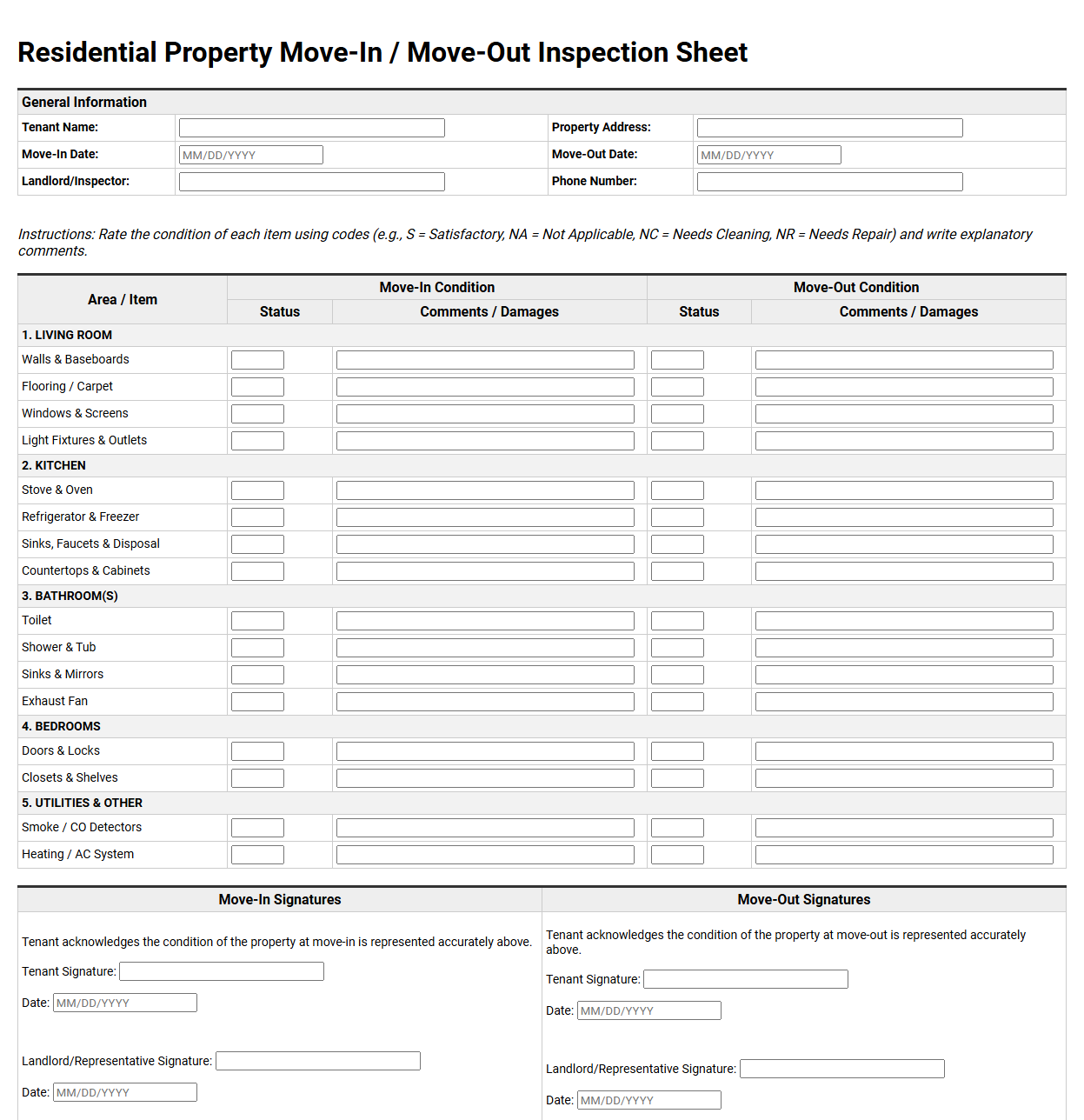 Residential Property Move-In Move-Out Inspection Sheet
