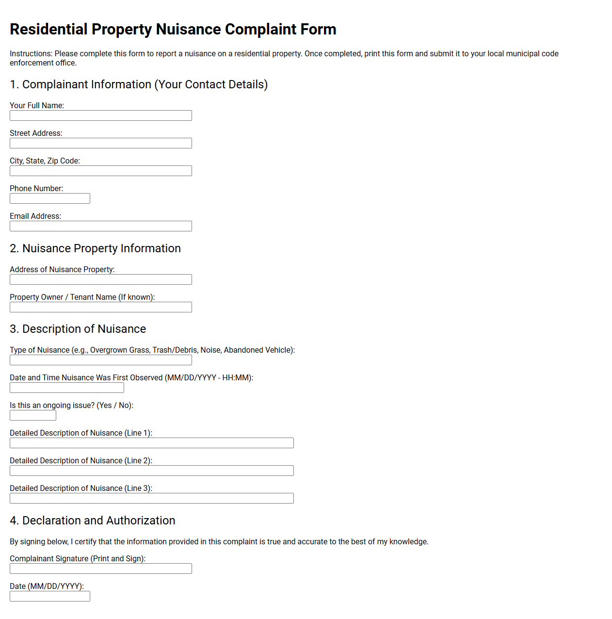 Residential Property Nuisance Complaint Form Template