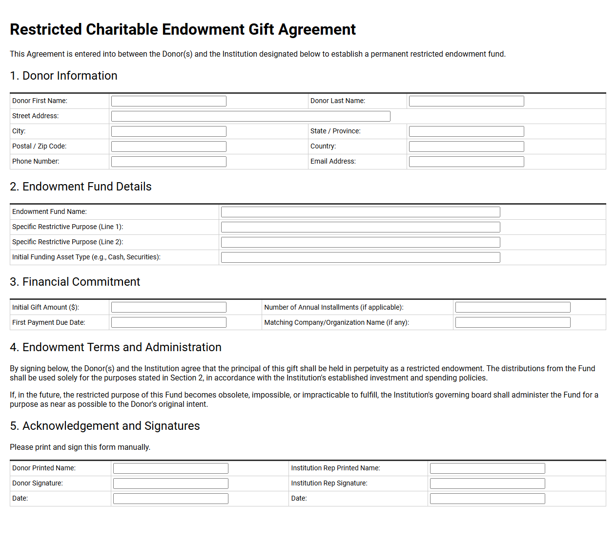 Restricted Charitable Endowment Gift Agreement Form