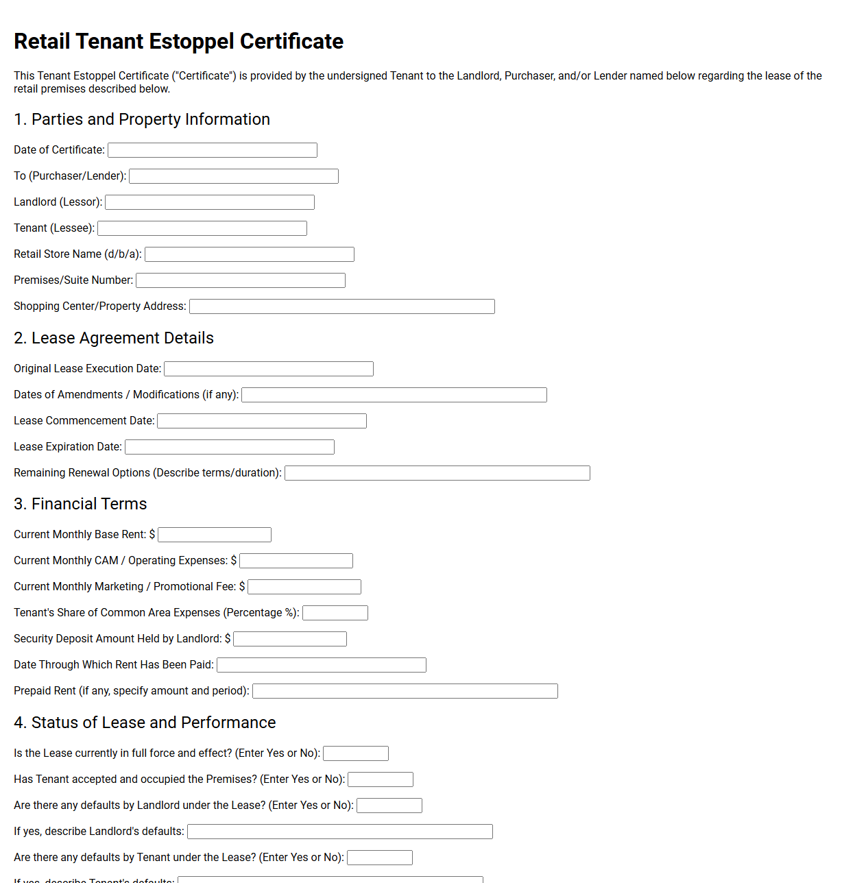 Retail Tenant Estoppel Certificate Form