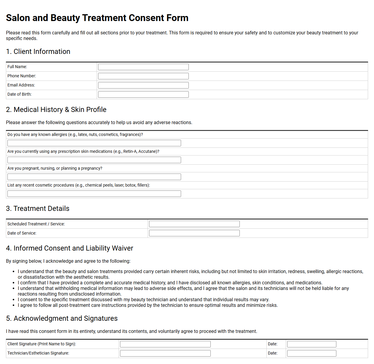 Salon and Beauty Treatment Consent Form