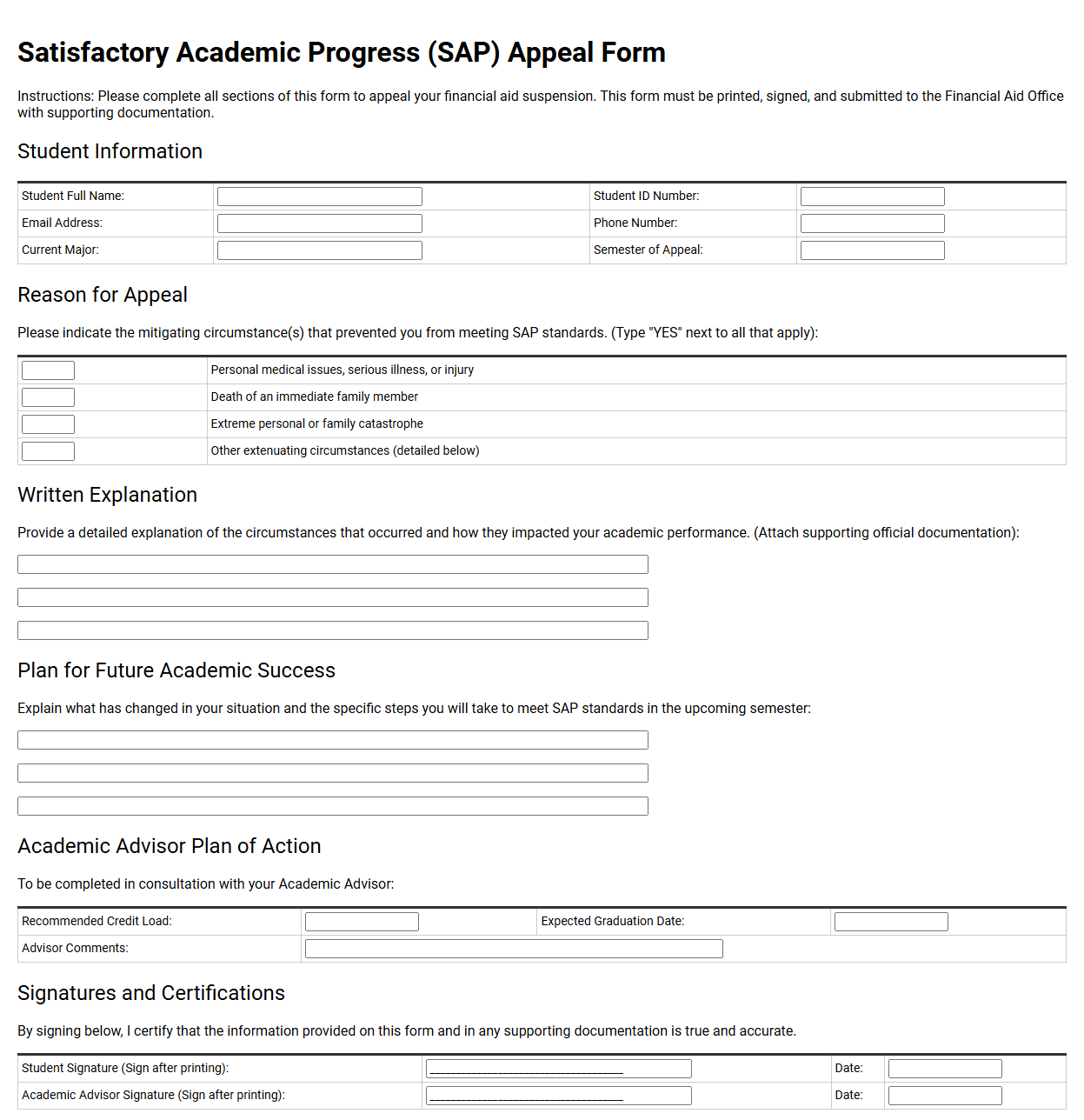 Satisfactory Academic Progress Appeal Form
