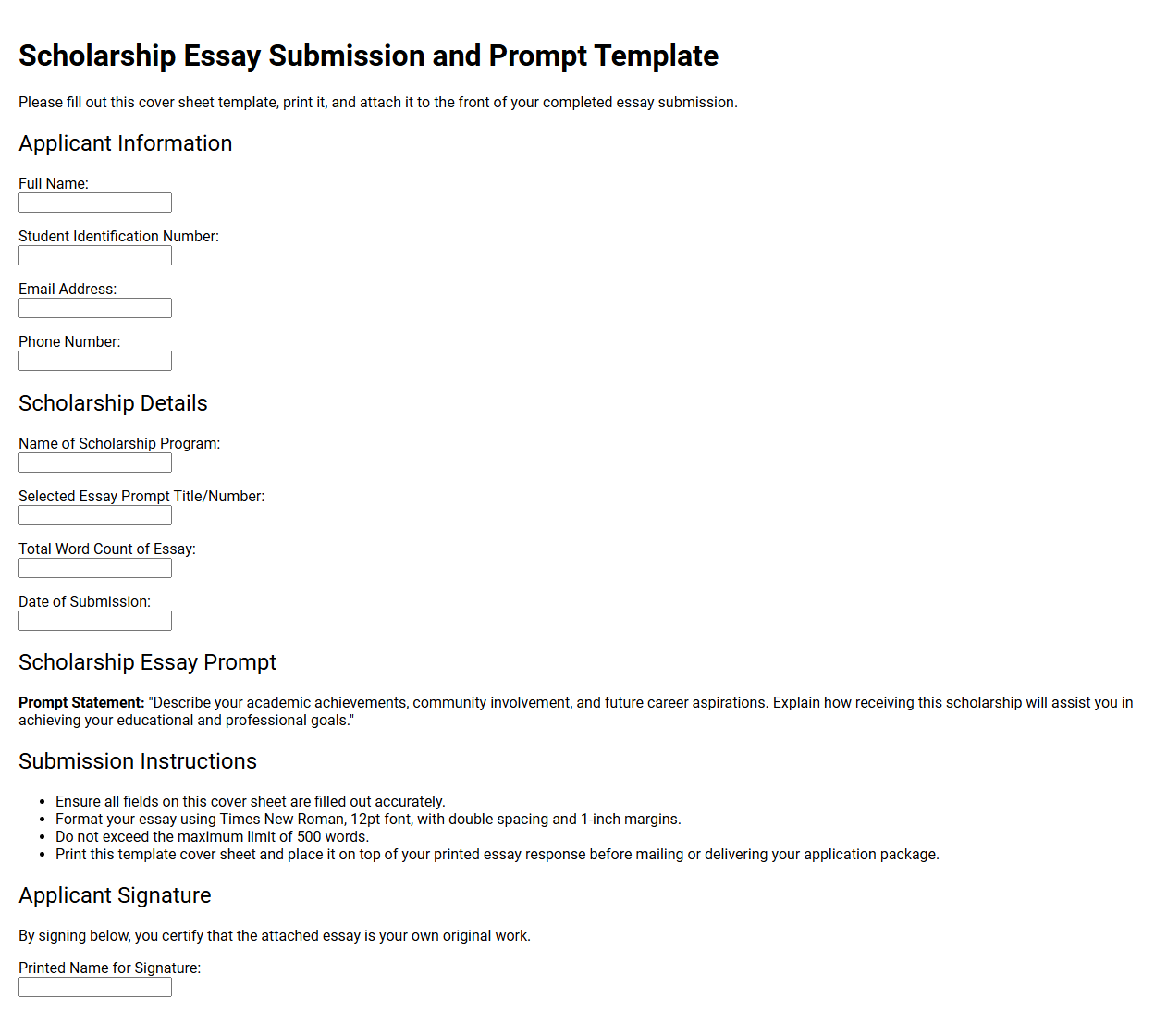 Scholarship Essay Submission and Prompt Template