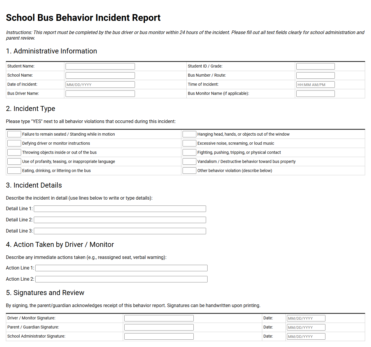 School Bus Behavior Incident Report