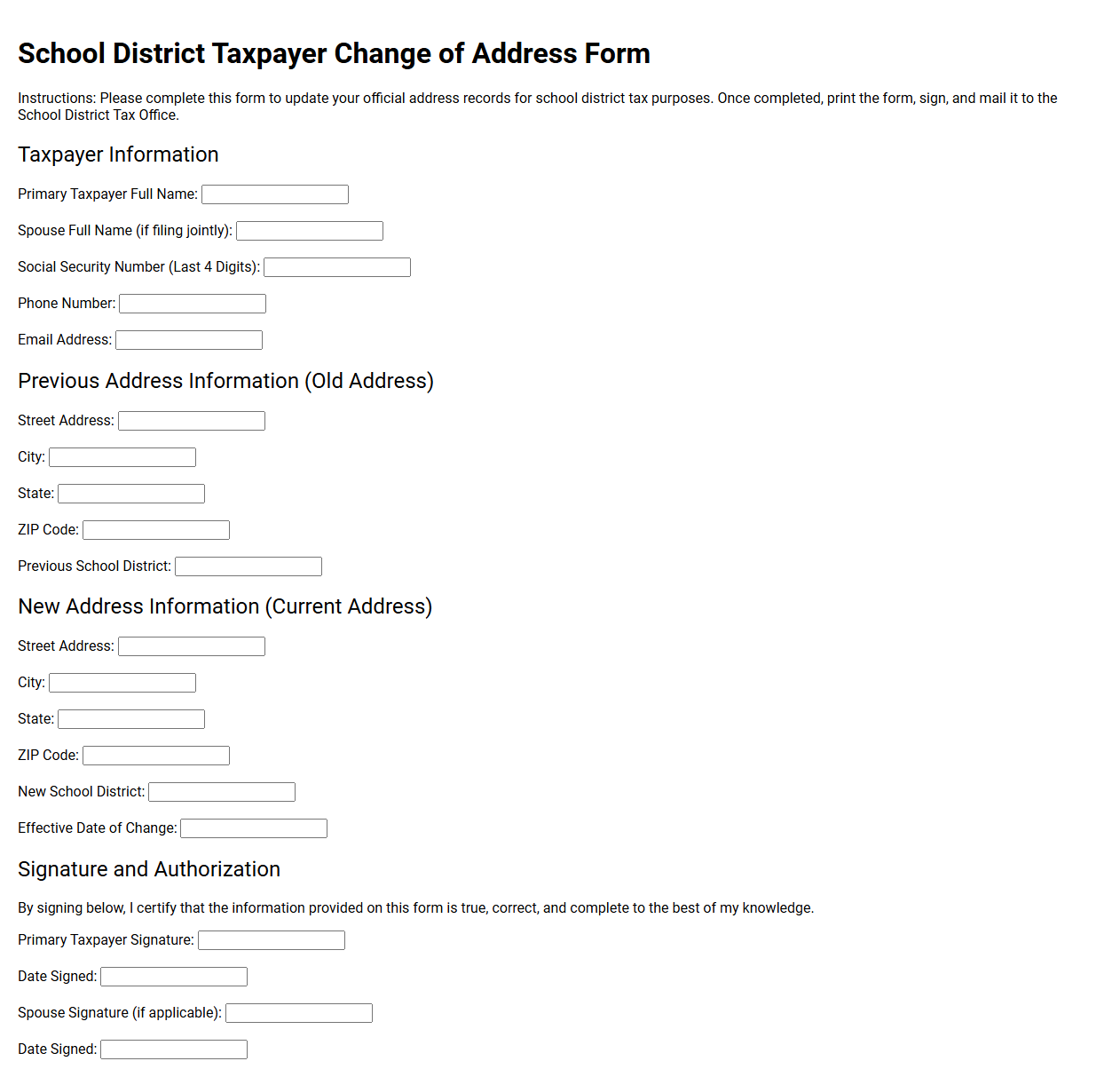 School District Taxpayer Change of Address Form