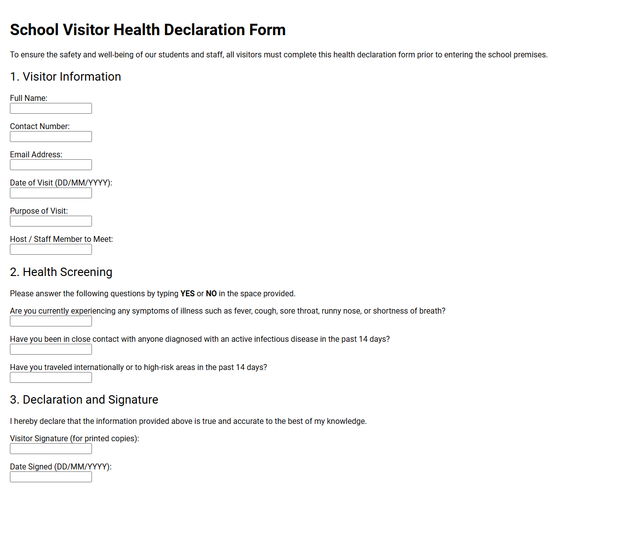 School Visitor Health Declaration Form