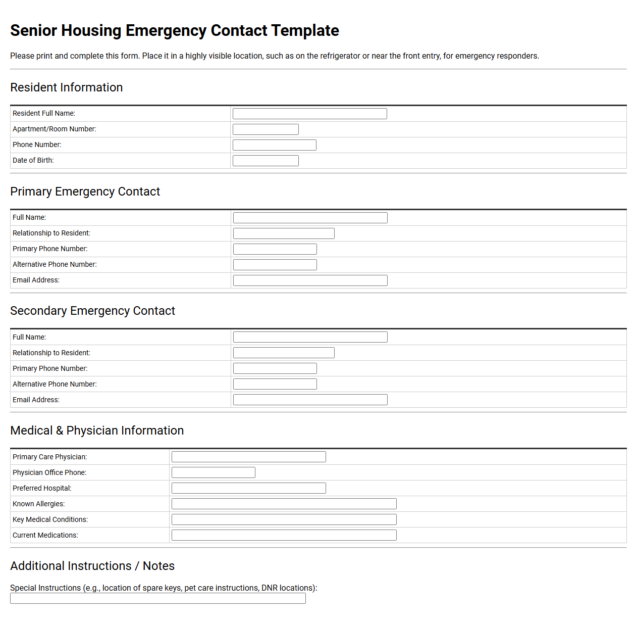 Senior Housing Emergency Contact Template