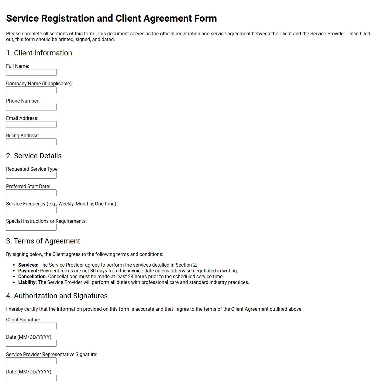 Service Registration and Client Agreement Form