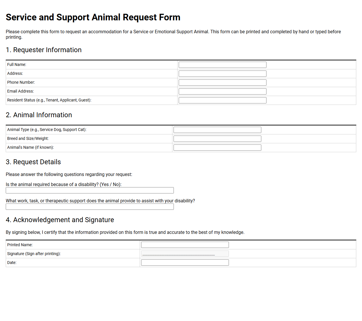 Service and Support Animal Request Form
